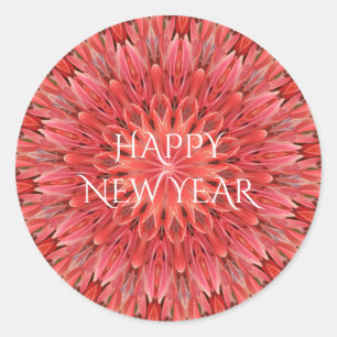 Kaleidoscope Design Red Flower Happy New Year Text Classic Round Sticker