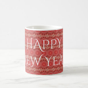 Kaleidoscope Design Red Flower Happy New Year Text Coffee Mug