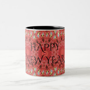 Kaleidoscope Design Red Flower Happy New Year Text Two-Tone Coffee Mug
