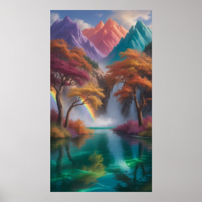 Kaleidoscope Falls: Hyperreal Fantasy Landscape Poster (Front)