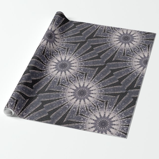 Kaleidoscope Flower Shades of Blue and Grey Wrapping Paper (Unrolled)