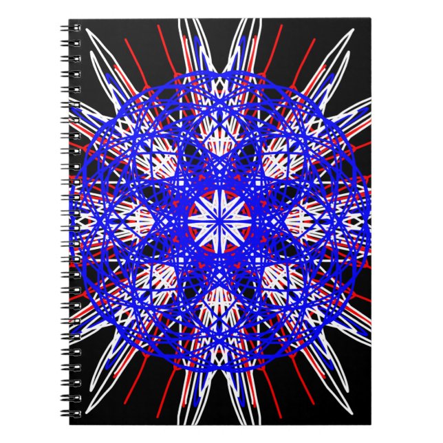 kaleidoscope mandala art black red white blue spiral notebook (Front)
