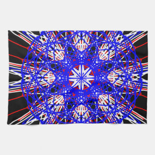 kaleidoscope mandala art black red white blue tea towel