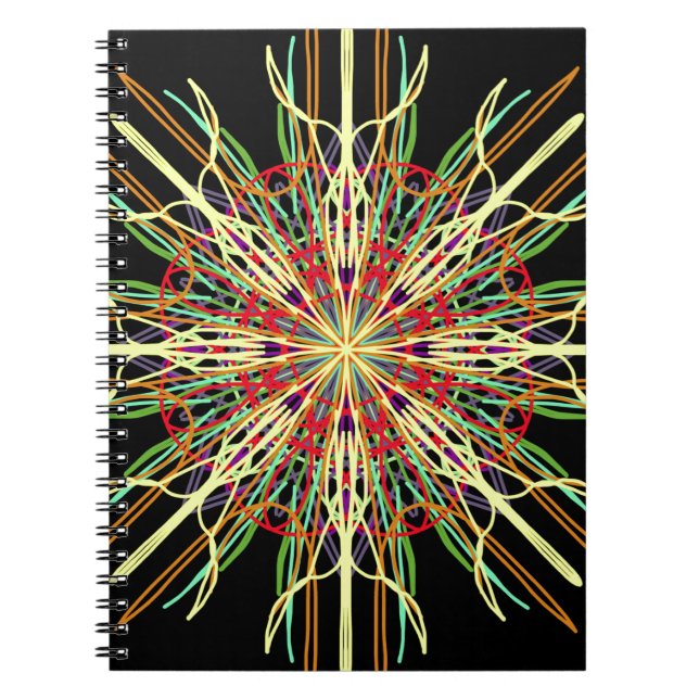 Kaleidoscope orange yellow black green blue flower spiral notebook (Front)