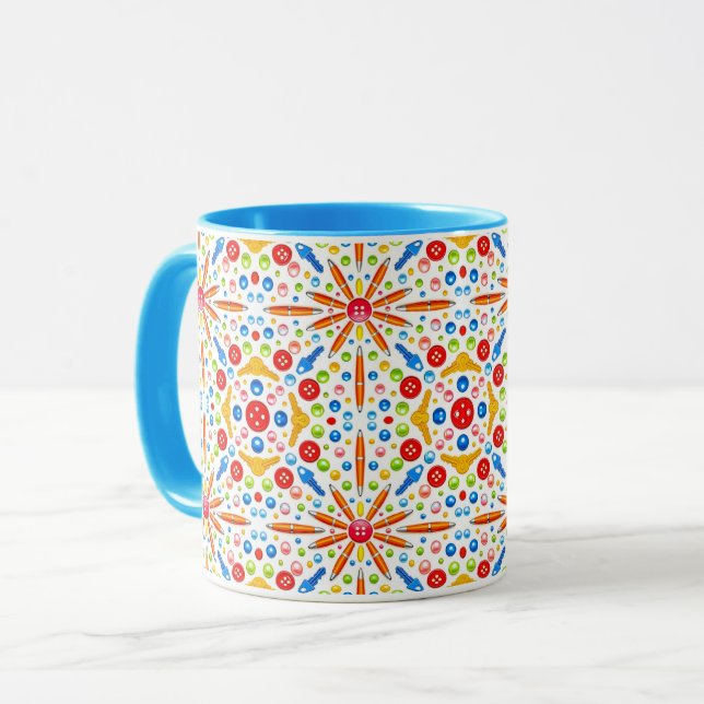 Kaleidoscope pattern, blue trim, mug (Front Left)