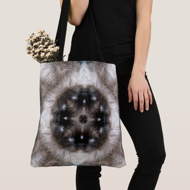 Kaleidoscope Siamese Cat Pattern with Blue Eyes Tote Bag (Close Up)