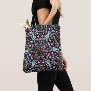 Kaleidoscope style canvas plastic or leather tiled tote bag