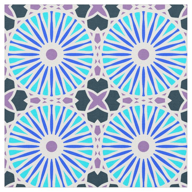Kaleidoscope Wheel Pattern P White Blue Purple Fabric (Close Up)