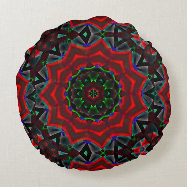 kaleidoscope with circular, green and red gradient round cushion (Back)