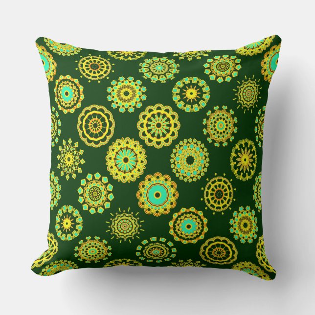 Kaleidoscopic 110714 - 16 Mandalas - on Dk Green Cushion (Front)