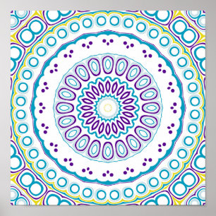 Kaleidoscopic Medallion in Purple & Blue on White Poster