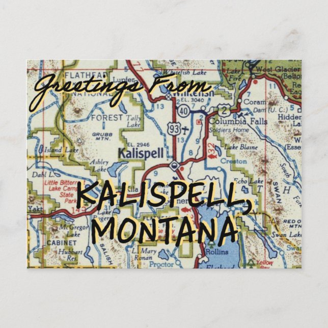Kalispell MT Vintage Map Postcard (Front)