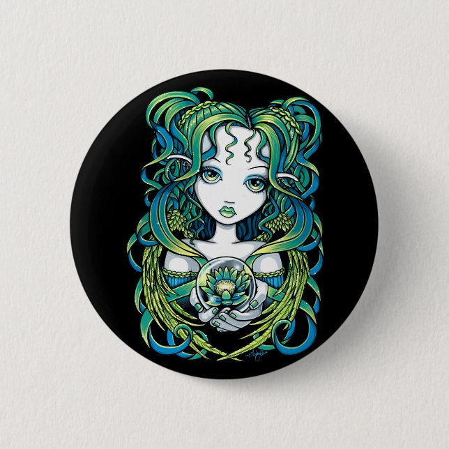 "Kallan" Green Lotus Water Angel Pinback Button (Front)