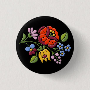 Kalocsa Embroidery - Hungarian Folk Art black bg. 3 Cm Round Badge