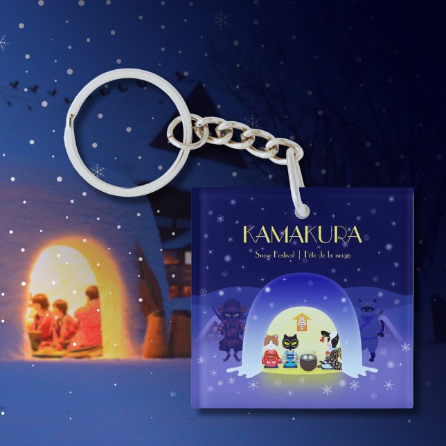 Kamakura Snow Globe: Japan Winter Tradition Key Ring (Edo-Neko's Snowy Celebration Square Keychain)