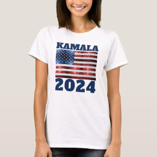 KAMALA 2024 USA flag blue red faux sparkles text  T-Shirt