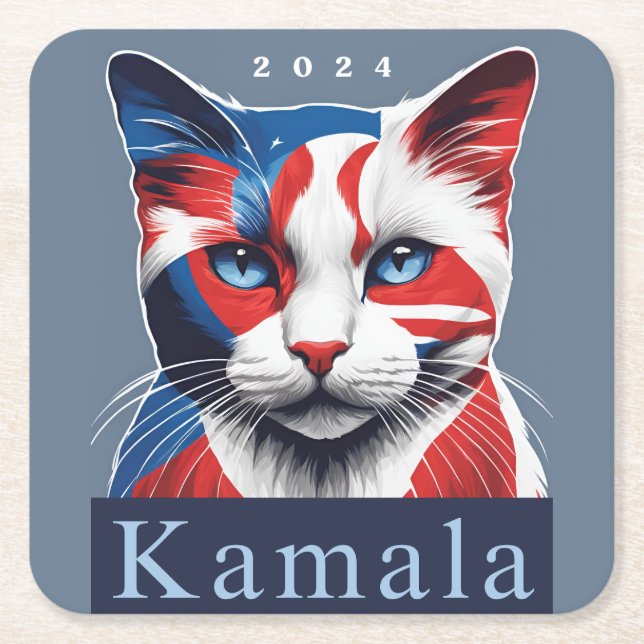 Kamala Cat 2024 US election Democrat Square Paper Coaster (Front)
