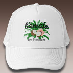 Kamala for President Coconut Trucker Hat<br><div class="desc">Stand out with this colourful graphic hat supporting Kamala Harris campaign for President. Features bold black script lettering and floral and coconut graphic accents with a feminine flair. Your choice of hat colours.</div>
