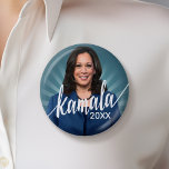 Kamala Harris 2024 - blue teal with script name 6 Cm Round Badge<br><div class="desc">A beautiful design for the Vice President of the United States - Kamala Harris. A non-traditional design with a photo of Kamala Harris and teal ray background.</div>
