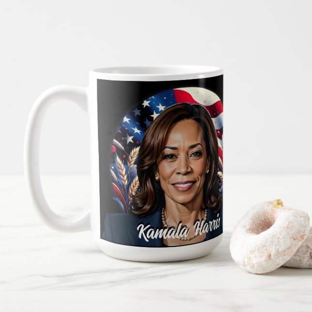  Kamala Harris 2024  Stars and Stripes Coffee Mug (With Donut)