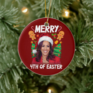 Kamala Harris Christmas Santa Hat Merry 4th Easter Ceramic Tree Decoration