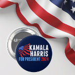 Kamala Harris for President 2024 Dark Blue 6 Cm Round Badge<br><div class="desc">Kamala Harris for President 2024 Election navy blue button with waving American flag. Cute red,  white,  and blue design for a patriotic democrat voting in the presidential election.</div>