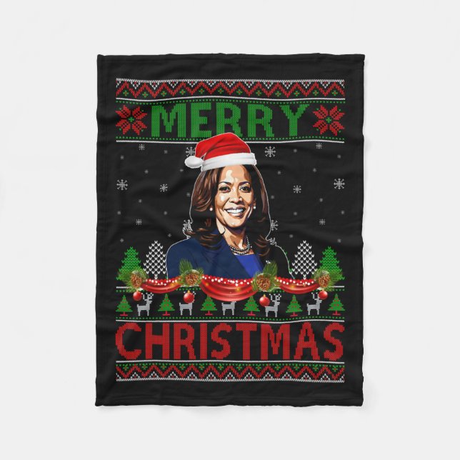 Kamala Harris Merry Christmas Ugly Sweater Usa Ele Fleece Blanket (Front)