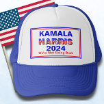 Kamala Harris Not Going Back Trucker Hat<br><div class="desc">Stand up and speak out with this trucker hat supporting Kamala Harris campaign for President. Features Americana stylised lettering in red,  white and blue. Text caption "We're Not Going Back" is editable. Your choice of colour styles.</div>