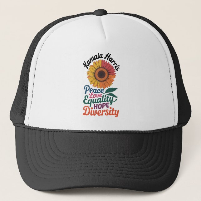 Kamala Harris Peace Love Equality Hope Diversity Trucker Hat (Front)