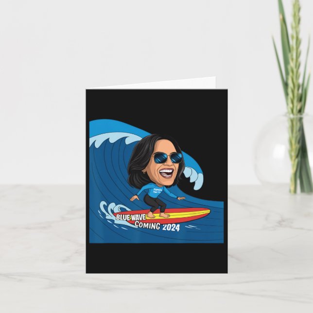 Kamala Harris Riding Surfboard On A Blue Wave  Card (Front)