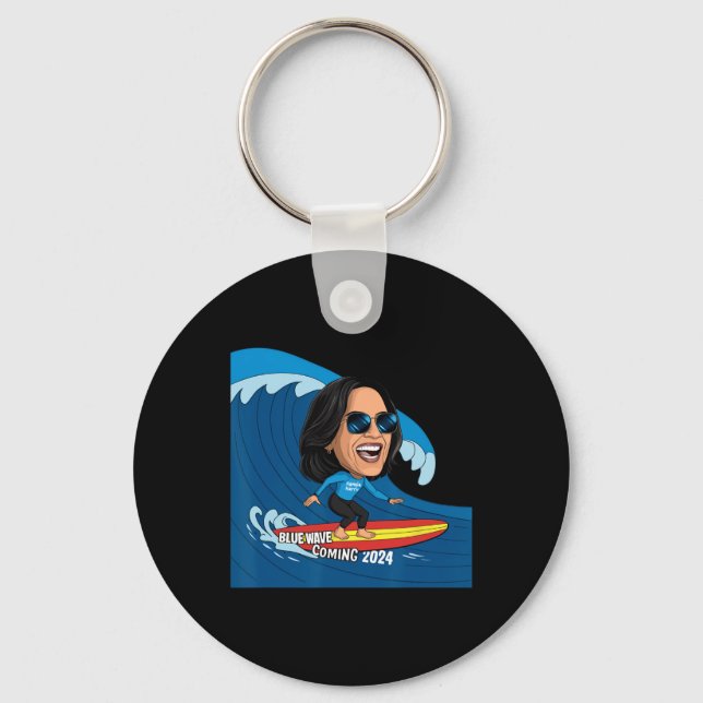 Kamala Harris Riding Surfboard On A Blue Wave  Key Ring (Front)