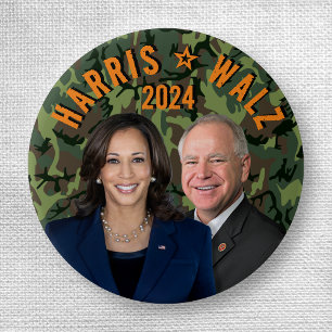 Kamala Harris Tim Walz President Vice Photos Camo 3 Cm Round Badge