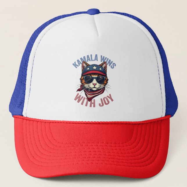Kamala Wins with Joy Harris Walz Cat lady Election Trucker Hat (Front)