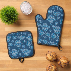 Kamaole Hawaiian Protea Tropical Floral Indigo Oven Mitt & Pot Holder Set
