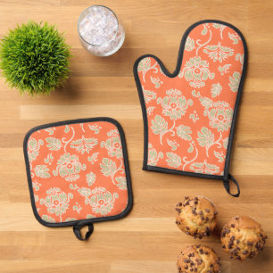 Kamaole Hawaiian Protea Tropical Floral Papaya Oven Mitt & Pot Holder Set