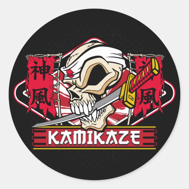 Kamikaze Skull With Japanese Sword Classic Round Sticker (Front)