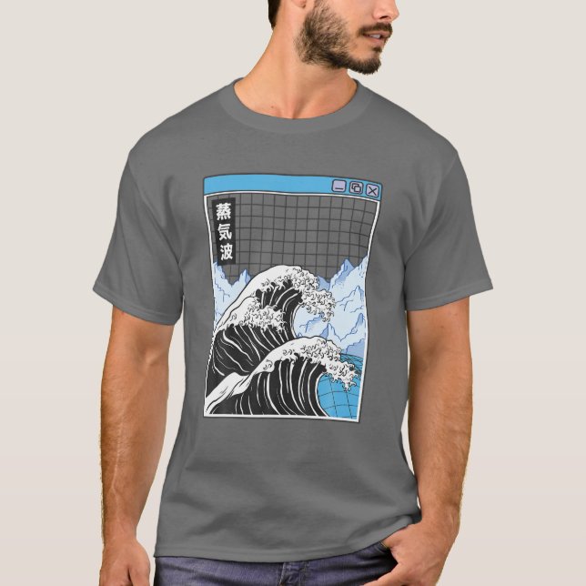 Kanagawa Wave Japan Digital Landscape Grid Anime V T-Shirt (Front)