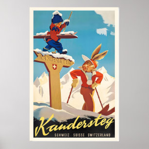 Kandersteg Suisse Schweiz Switzerland Vintage Ski Poster