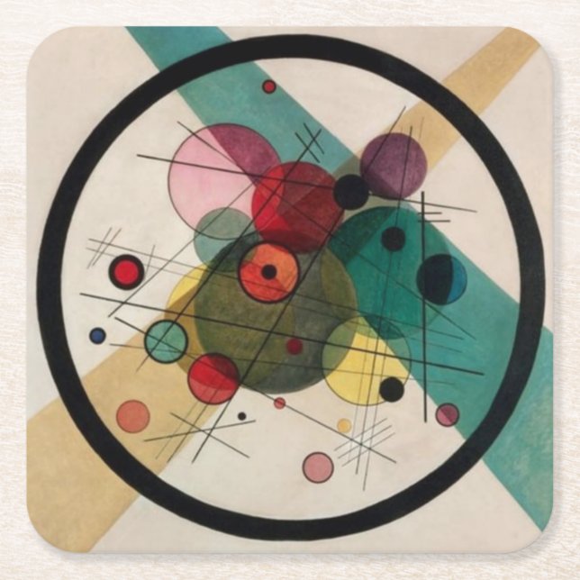 Kandinsky Abstract Circles in a Circle Square Paper Coaster (Front)
