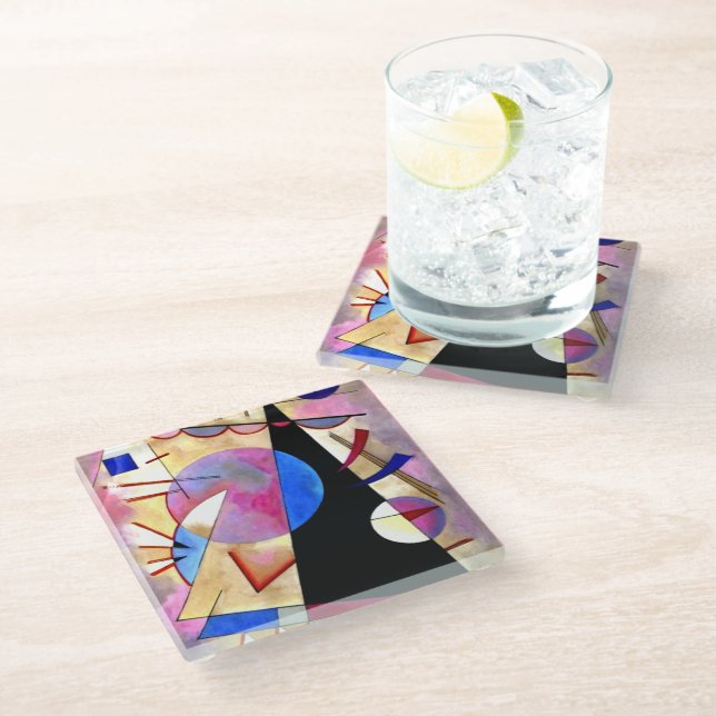 Kandinsky - Abstract Cubism with Pinks and Blues Glass Coaster (Angled)