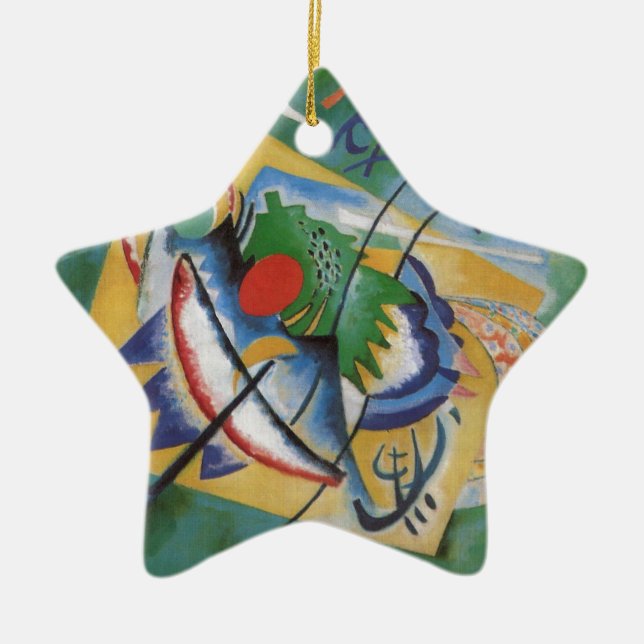 Kandinsky Red Oval Abstract Artwork Green Yellow Ceramic Tree Decoration (Front)