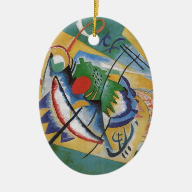 Kandinsky Red Oval Abstract Artwork Green Yellow Ceramic Tree Decoration (Front)