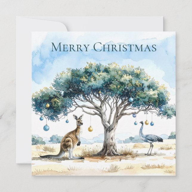 Kangaroo and Emu Christmas Gumtree Baubles Holiday Card (Front)
