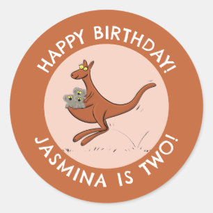Kangaroo and koalas personalized cartoon birthday classic round sticker