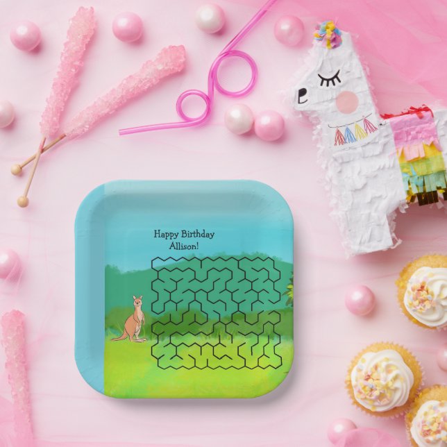 Kangaroo and Leaves Maze Birthday Paper Plates (Party)