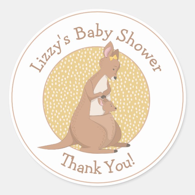 Kangaroo Baby Shower Neutral Yellow Thank You Classic Round Sticker (Front)