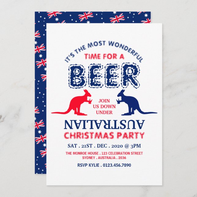 Kangaroo Beer, Australian Flag Christmas Party Invitation (Front/Back)