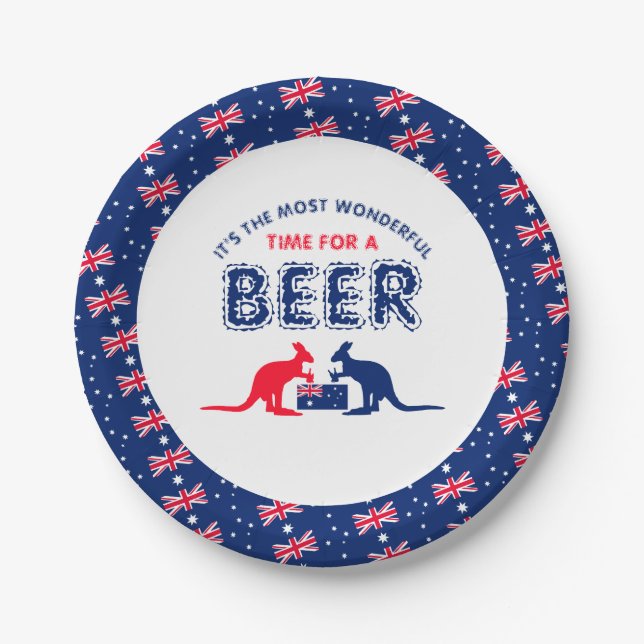 Kangaroo Beer, Australian Flag, Christmas Party Paper Plate (Front)