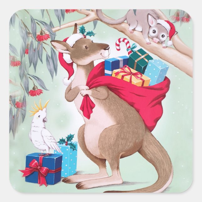 Kangaroo Christmas - Australian Christmas Art    Square Sticker (Front)