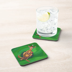 Kangaroo Christmas on Painted Green Back Coaster